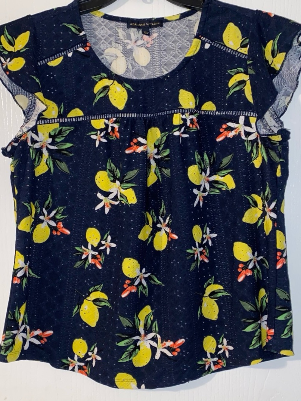 Adrianna Vittadini Navy Lemon Print Short Sleeve Top